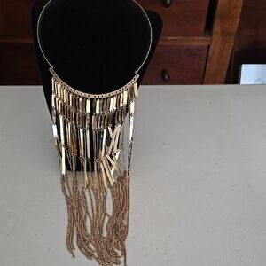 Gold Cascading Fringe Necklace with Circular Base